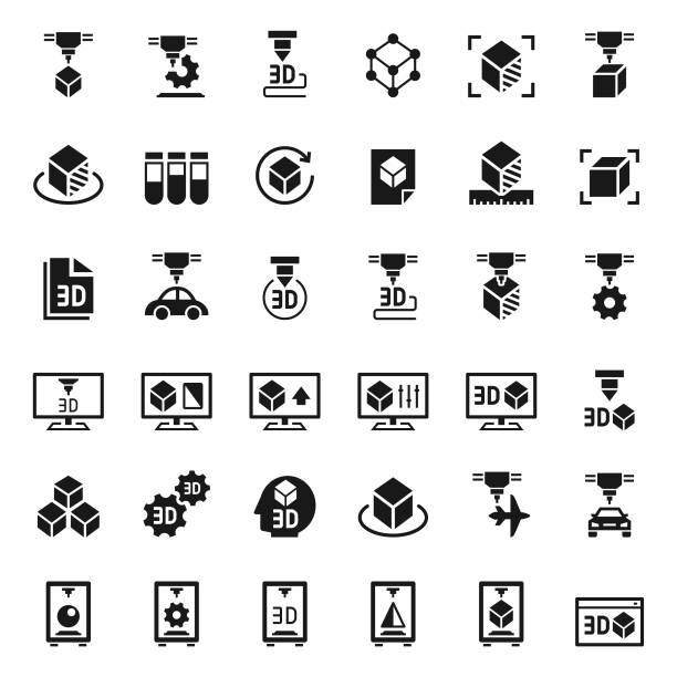 3d drucker-icon-set - 3d druck stock-grafiken, -clipart, -cartoons und -symbole