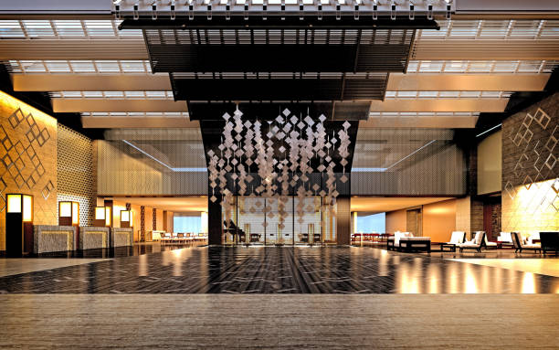 3d render luxury hotel lobby entrance - hotel corridor entrance hall entrance imagens e fotografias de stock