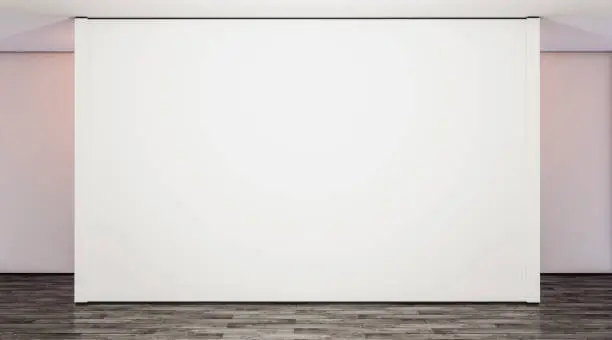 Blank white large gallery wall in studio mock up, 3d rendering. Empty modern lobby with exibition wal mockup. Clear presentation room. Wide poster on floor template.