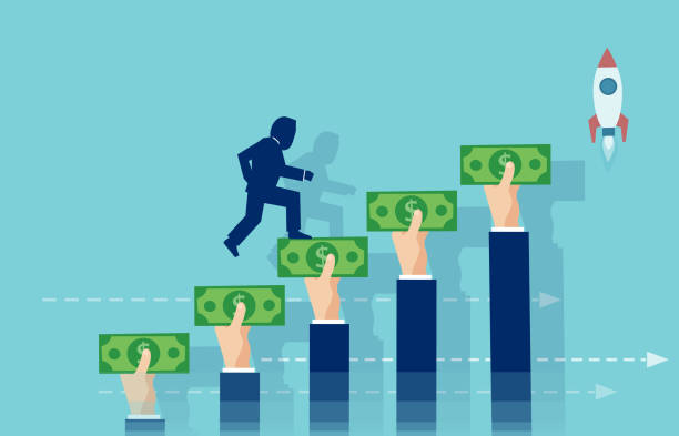Vector of a businessman climbing up the stairs made of hands holding money. Venture capital and startup concept. Vector of a businessman climbing up the stairs made of hands holding money. start ups stock illustrations