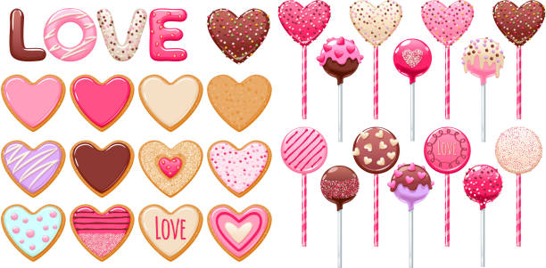 ilustraciones, imágenes clip art, dibujos animados e iconos de stock de día de san valentín galletas, cake pops y piruletas de conjunto. - valentine candy