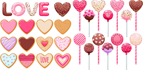 Valentine's day decorated cookies, cake pops and lollipops set vector illustration.
