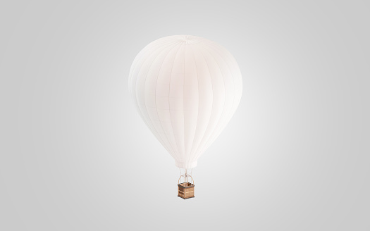 Blank white hot air balloon mockup, isolated, 3d rendering. Empty aerostat mock up. Clear journey transport with banner for add. Inflatable ballon with basket template.