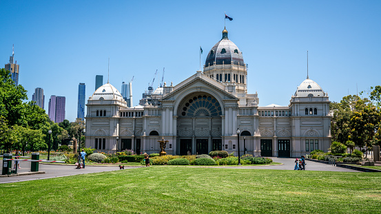 3rd January 2019, Melbourne Australia : Royal Exhibition Building east side and Carlton Gardens view with people in Melbourne Victoria Australia