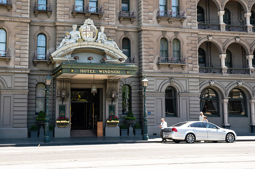 3rd January 2019, Melbourne Australia : Close-up view of the entrance of the Windsor hotel a luxury Victorian era hotel in Melbourne Victoria Australia