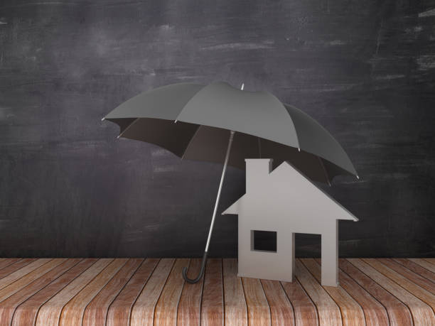Umbrella with House on Wood Floor - national flood insurance program Chalkboard Background - homeowners insurance premium 3D Rendering Umbrella with House on Wood Floor - Chalkboard Background - 3D Rendering Home Renovations That Can Affect Your Insurance stock pictures, royalty-free photos & images