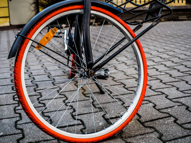 istock wheel of a bicycle with a red tire 1129148858