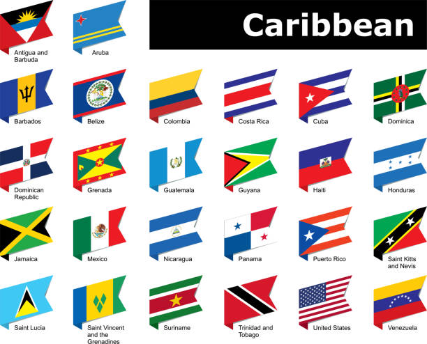 illustrazioni stock, clip art, cartoni animati e icone di tendenza di bandiere dei caraibi - barbados flag illustrations