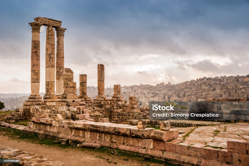 Roman ruins of the Temple of Hercules with columns in the Citadel Hill of Amman, Jordan, Middle East Amman Stock Photo