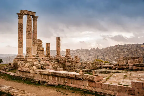 Roman ruins of the Temple of Hercules with columns in the Citadel Hill of Amman, Jordan, Middle East