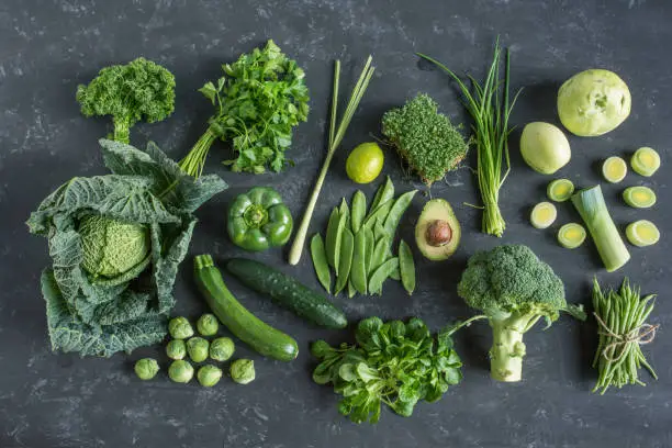 Green vegetables and fruit selection for a healthy nutrition concept