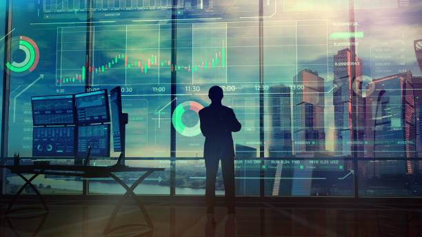 istock Silhouette of a trader in the office before infographics 1129150561