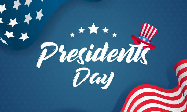 illustrazioni stock, clip art, cartoni animati e icone di tendenza di illustrazione del vettore del presidents day. testo con cappello dello zio sam e bandiera degli stati uniti che sventola su sfondo a stella blu. stile vintage - flag day