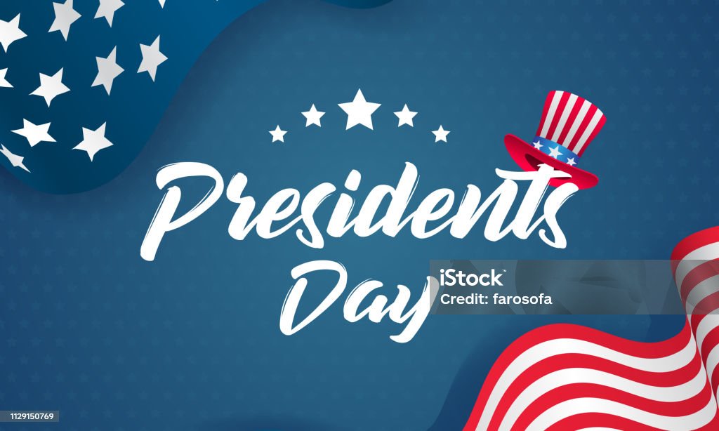 Presidents Day Vector illustration. Text with uncle Sam's hat and USA flag waving on blue star pattern background. Vintage style Presidents Day stock vector