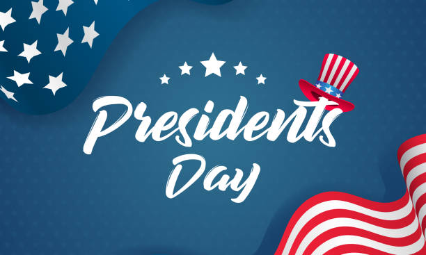 Presidents Day Vector illustration. Text with uncle Sam's hat and USA flag waving on blue star pattern background. Vintage style Presidents Day Vector illustration. Text with uncle Sam's hat and USA flag waving on blue star pattern background. Vintage style presidents day stock illustrations