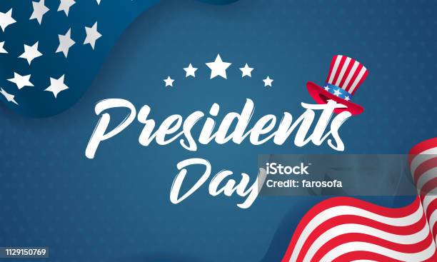 Presidents Day Vector Illustration Text With Uncle Sams Hat And Usa Flag Waving On Blue Star Pattern Background Vintage Style Stock Illustration - Download Image Now