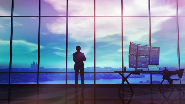 Silhouette of a trader in the office before infographics