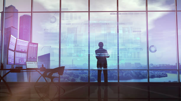 istock Silhouette of a trader in the office before infographics 1129150928