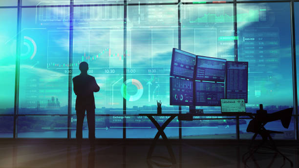 istock Silhouette of a trader in the office before infographics 1129150974