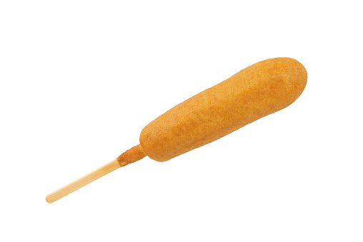 Crispy corn dog disposed by diagonal, isolated on a white background. Fast food.