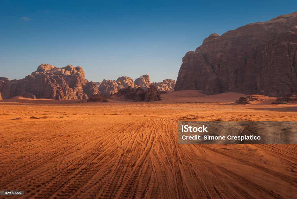 Desert trail in Wadi Rum, Jordan Adventure Stock Photo