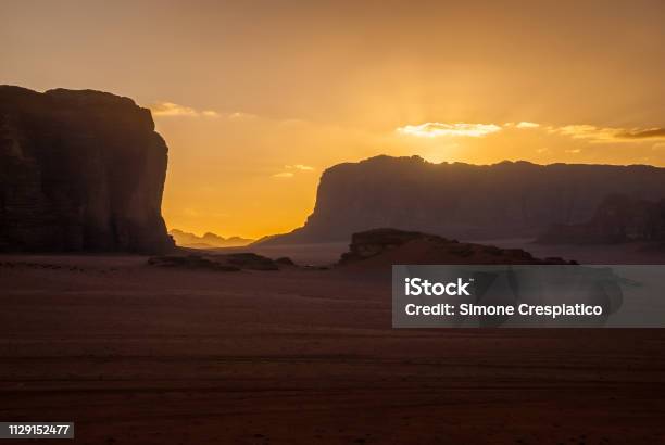 Sunset Over The Desert Of Wadi Rum Jordan Middle East Stock Photo - Download Image Now
