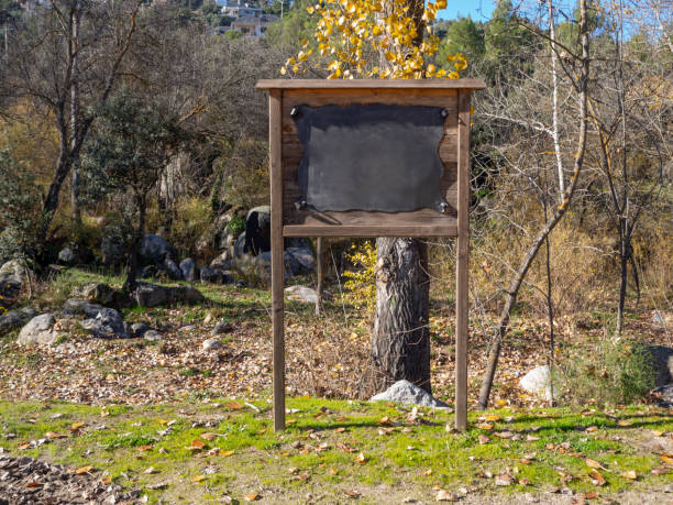 istock Wooden sign, rustic and weathered, on two posts, detached in the countryside 1129155015