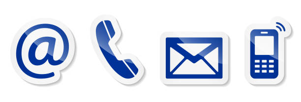 ilustrações de stock, clip art, desenhos animados e ícones de contact us – blue sticker icons on white background - white background isolated on white e mail envelope