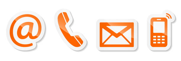 ilustrações de stock, clip art, desenhos animados e ícones de contact us – orange sticker icons on white background - white background isolated on white e mail envelope