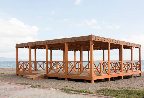 istock Wood balcony on beach near sea 1129158163