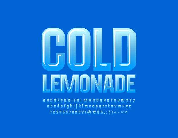 bildbanksillustrationer, clip art samt tecknat material och ikoner med vector glansigt emblem kall lemonad med blå alfabetet - ice