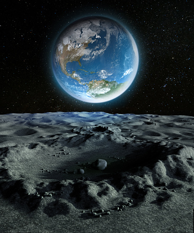 Our blue planet Earth as she appears from a crater on the moon's surface, 3d render painting