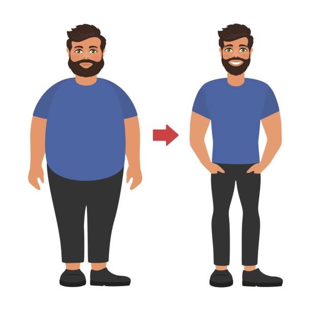 Sad fat and happy healthy slim man. Weight loss concept. View before and after diet and sport. Cartoon characters on white background. Flat design. Vector illustration. before and after weight loss man stock illustrations