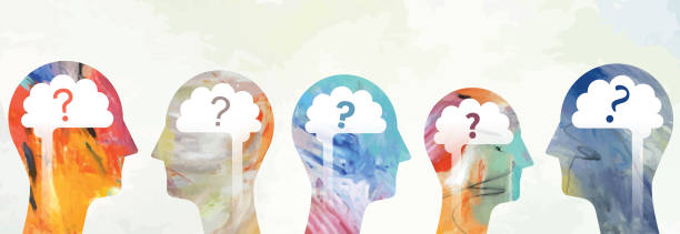 Heads With Brain And Question Marks Illustration montage made from two different vectorised acrylic paintings and vector elements showing questioning heads. connection silhouettes stock illustrations