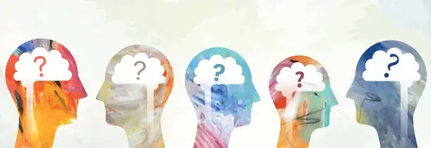 Vector illustration of Heads With Brain And Question Marks