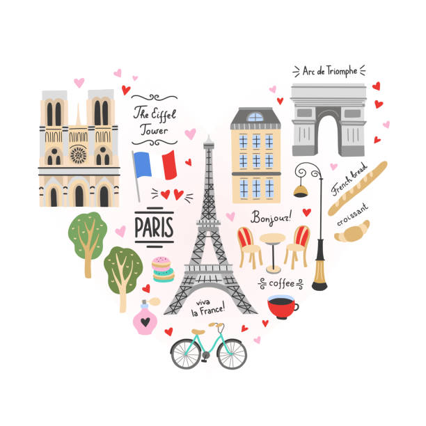 Paris city travel illustrations. France vector symbols and icons: architecture, cafe, bicycle, french food Paris city travel illustrations. France vector symbols and icons: architecture, cafe, bicycle, french food eiffel tower paris illustrations stock illustrations