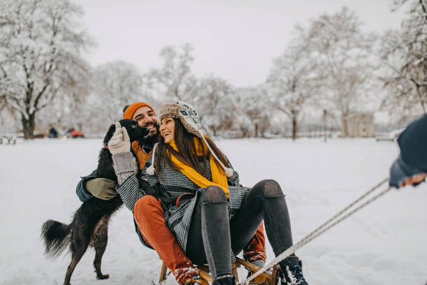 istock Couple in the snow play with dog 1129165488