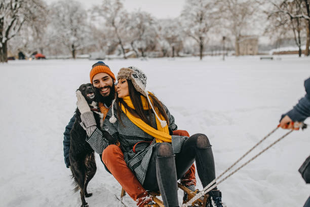 istock Couple in the snow play with dog 1129165564