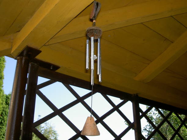 istock Wind chimes hung in a wooden pergola 1129167384