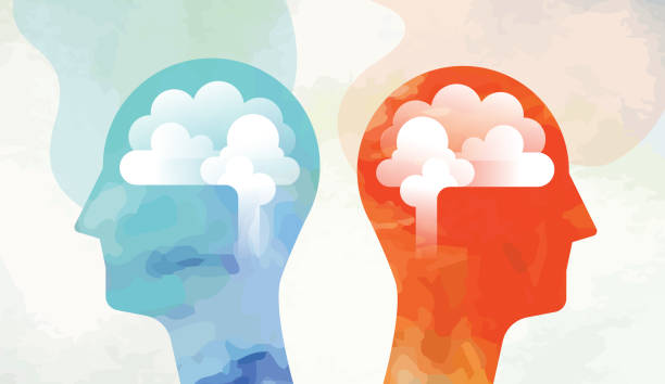 ilustrações, clipart, desenhos animados e ícones de duas cabeças com cérebro olhando o lado oposto - brain and mind