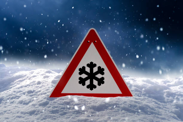 istock winter landscape with red traffic sign 1129169288