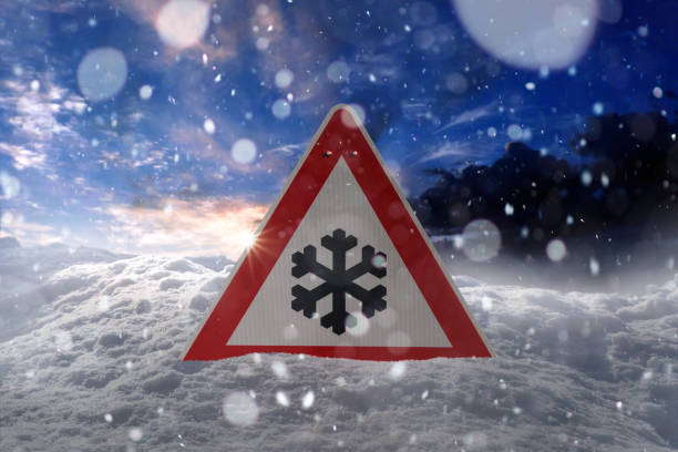 istock winter landscape with red traffic sign 1129169377