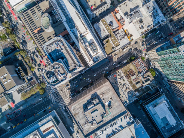 vista aéreas aves de urbana financieros san francisco - cityscape san francisco county city office building fotografías e imágenes de stock