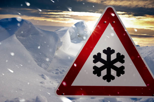istock winter landscape with red traffic sign 1129170692