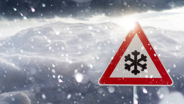 istock winter landscape with red traffic sign 1129170783