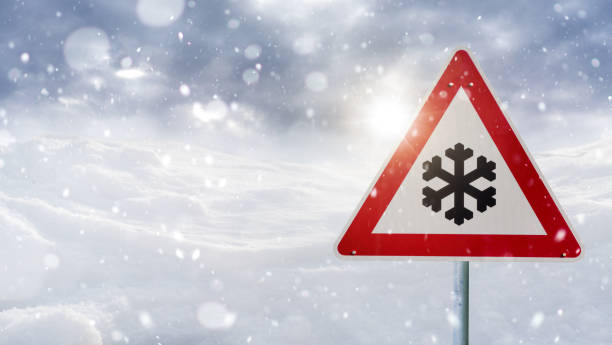 istock winter landscape with red traffic sign 1129170787