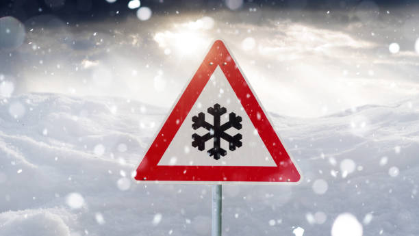 istock winter landscape with red traffic sign 1129170811