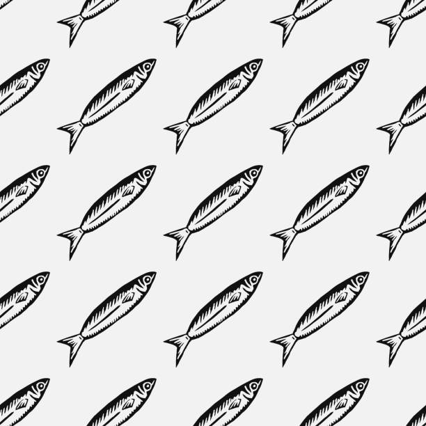 ilustraciones, imágenes clip art, dibujos animados e iconos de stock de patrón transparente de vector con ilustración de sardinas. - pez ilustraciones