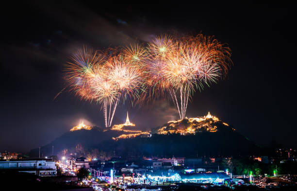 istock Light and fireworks show in Phra Nakhon Khiri Mountain 1129176382