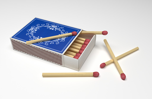Box of matches. Open box with scattered matches. 3d rendering illustration